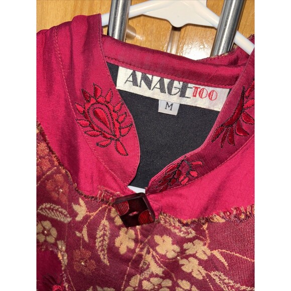 Anage Long Jacket M Women Red Embroidered Beads Sequins Button Up Pockets Lined - Picture 3 of 9